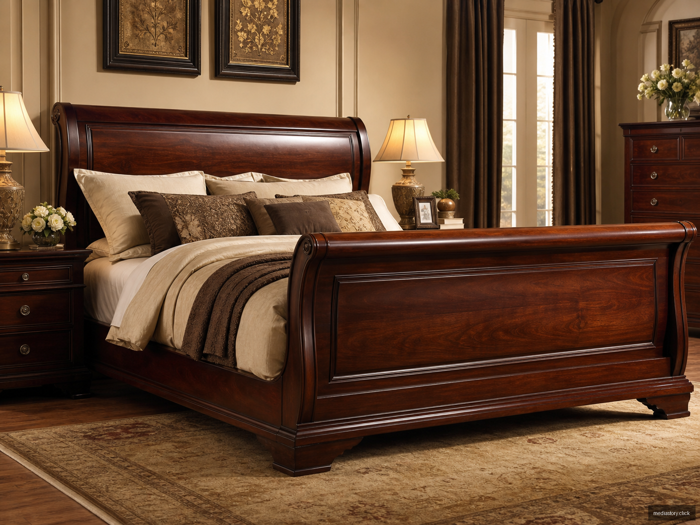 Scandinavian Oak Bed with Beige Upholstery